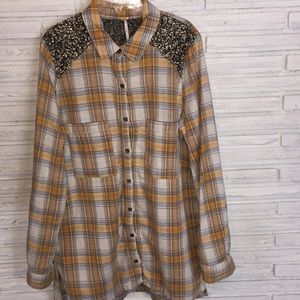 Free People plaid flannel shirt with gold sequins.